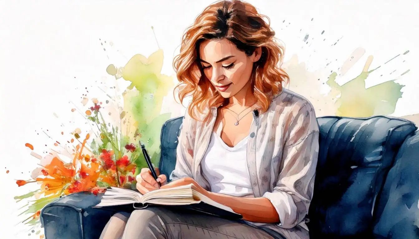 self-care-tips a woman writing in her journal, watercolour